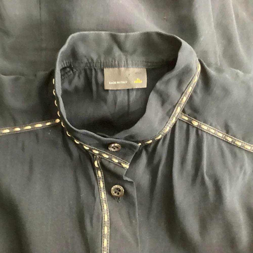 Fendi Black Cotton Button Up Blouse Leather Trim Flawed 40 (Sm) - Picture 5 of 10